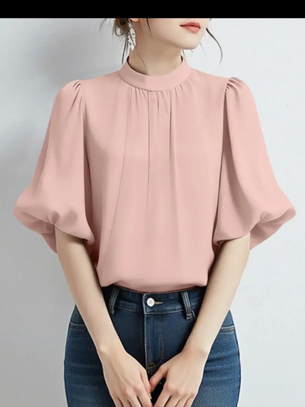 Delicate High-Neck Puff Sleeve Top - Pink